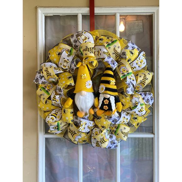 Bee Gnome Wreath Yellow Black White Mesh Bow Front Door Summer Decor 24” - Picture 1 of 7